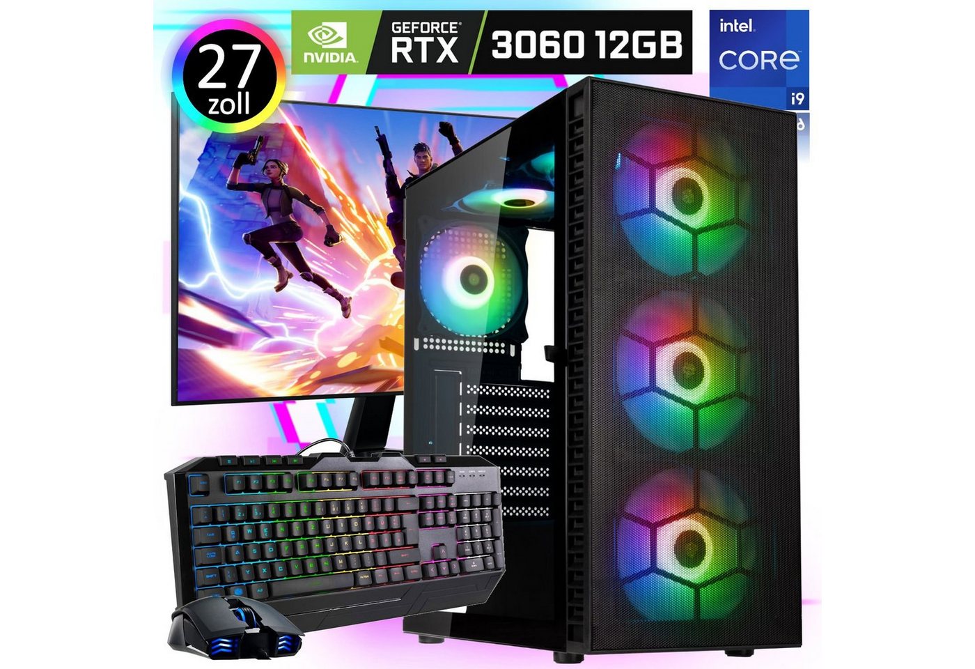 Meinpc Ghost i9 RTX 3060 Set Gaming-PC (27 Zoll, Intel Core i9 11900K, Nvidia GeForce RTX 3060, 32 GB RAM, 500 GB SSD, RGB Tower, Gamer, Gaming, Windows 11, RGB) von Meinpc