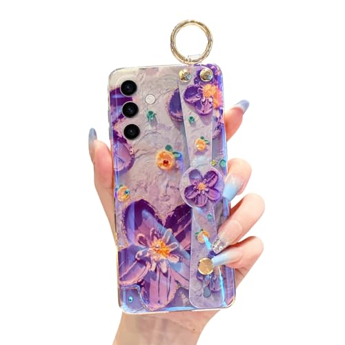 Meishangmei Schutzhülle für Samsung Galaxy S23 FE 16,3 cm (6,4 Zoll), glitzernd, mit Riemen, Ständer, niedliches Muster, IMD-Beschichtung, Silikon, stoßfest, Glitzer, Lila Blume von Meishangmei