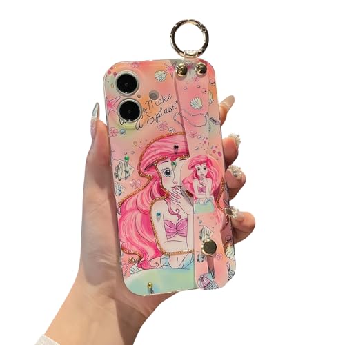 Meishangmei Schutzhülle für iPhone 16, 15,5 cm (6,1 Zoll), mit Handschlaufe, Ständer, Glitzer, niedliches Cartoon-Muster, funkelnd, weich, langlebig, stoßfest, für Mädchen und Frauen – Meerjungfrau von Meishangmei