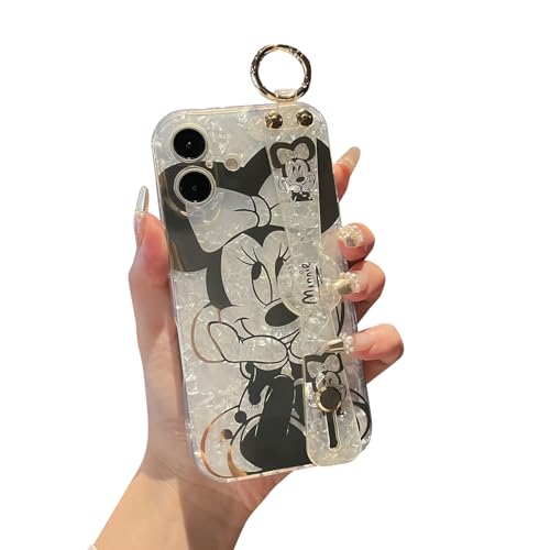 Meishangmei Schutzhülle für iPhone 16, 15,5 cm (6,1 Zoll), mit Handschlaufe, Ständer, Glitzer, niedliches Cartoon-Muster, funkelnd, weich, langlebig, stoßfest, für Mädchen und Frauen – Minnie von Meishangmei