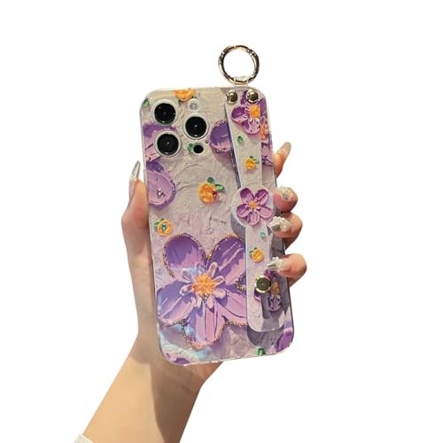 Meishangmei Schutzhülle für iPhone 16 Pro, 16 cm (6,3 Zoll), mit Handschlaufe, Ständer, Glitzer, niedliches Cartoon-Muster, funkelnd, weich, langlebig, stoßfest, für Mädchen und Frauen, Lila Blume von Meishangmei