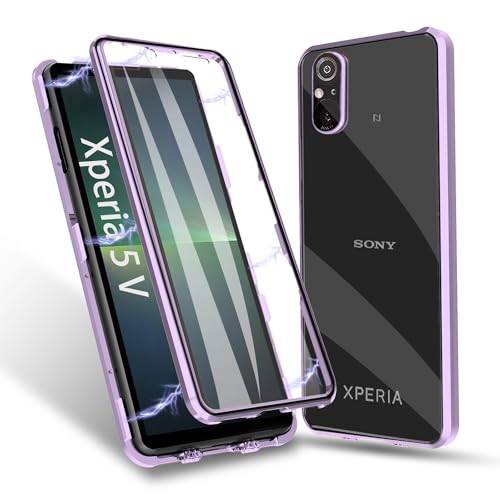 MeiyueEr für Sony Xperia 5 V Hülle,Magnetische Adsorption Metallrahmen Einteiliges 360 Grad Gehärtetes Glas Schutzhülle Panzerglasfolie Durchsichtige Cover - Metall Violett von MeiyueEr
