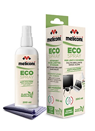 Meliconi Eco Spray Reinigungsspray zur Reinigung von Linsen und Bildschirmen von PCs, Tablets, E-Books, Smartphones, TV, Spiegel und Glas. Inklusive Mikrofasertuch, Weiß, 200ml von Meliconi