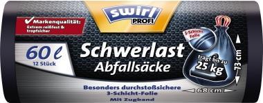 Swirl PROFI Schwerlast Abfallsäcke 60l - 60 l - 25 kg - Schwarz - Polyethylen - 680 mm - 730 mm 1 Packung/12 Stück(215768) von Melitta