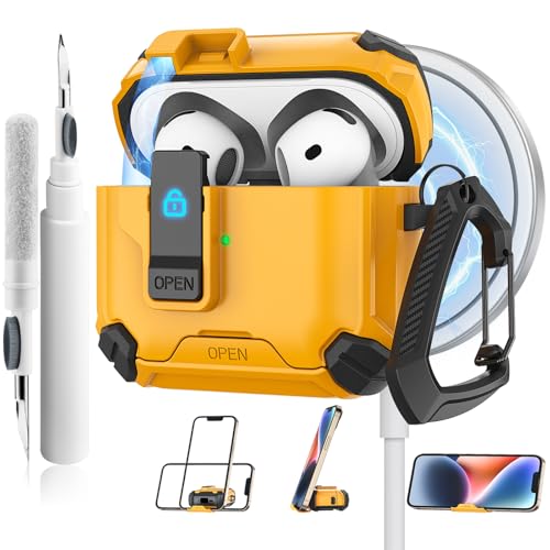 Meliya Schutzhülle für AirPods 4. Generation 2024 Cleaner Kit & Schlüsselanhänger, kommt mit Handyhalterung und Magsafe-Funktion, automatisches Pop-Up-Vollschutz, Hartschale mit sicherem Schloss für von Meliya