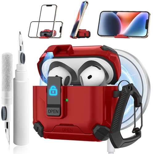 Meliya Schutzhülle für AirPods 4. Generation 2024 Cleaner Kit & Schlüsselanhänger, kommt mit Handyhalterung und Magsafe-Funktion, automatisches Pop-Up-Vollschutz, Hartschale mit sicherem Schloss für von Meliya