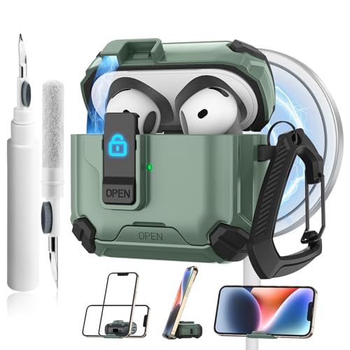 Meliya Schutzhülle für AirPods der 4. Generation, magnetisch, automatisches Schloss mit Handy-Ständer und Reinigungsset, kompatibel mit MagSafe, robuste Hülle, stoßfeste Schutzhülle für AirPods 4 von Meliya