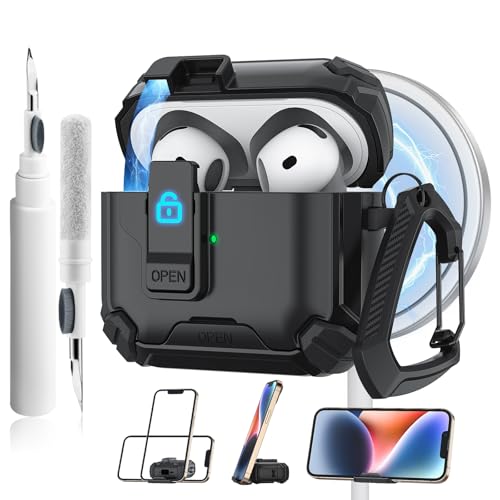 Meliya Schutzhülle für AirPods der 4. Generation, magnetisch, automatisches Schloss mit Handy-Ständer und Reinigungsset, kompatibel mit MagSafe, robuste Hülle, stoßfeste Schutzhülle für AirPods 4 von Meliya
