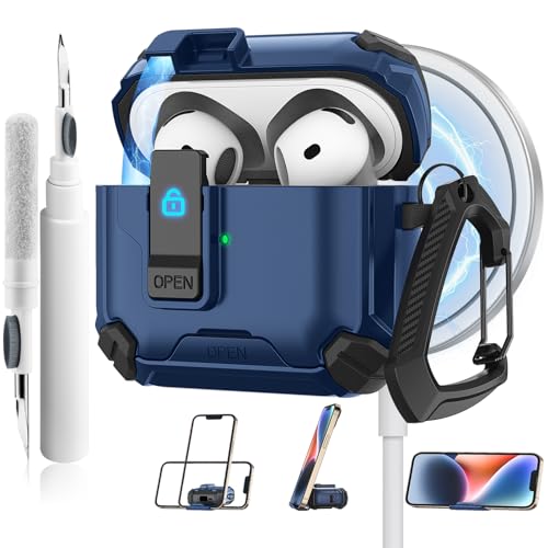 Meliya Schutzhülle für AirPods der 4. Generation 2024 Cleaner Kit & Schlüsselanhänger, kommt mit Handyhalterung und Magsafe-Funktion, automatisches Pop-Up-Vollschutz, Hartschale mit sicherem Schloss von Meliya