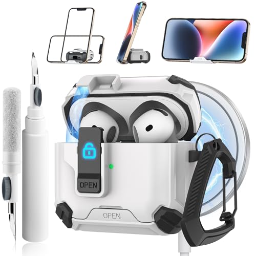 Meliya Schutzhülle für AirPods der 4. Generation 2024 Cleaner Kit & Schlüsselanhänger, kommt mit Handyhalterung und Magsafe-Funktion, automatisches Pop-Up-Vollschutz, Hartschale mit sicherem Schloss von Meliya