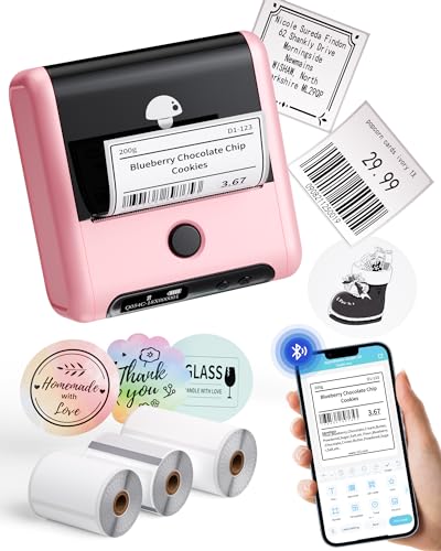 M200 Bluetooth Etikettendrucker, Thermo Beschriftungsgerät Selbstklebend, Upgrade 3 Zoll Labeldrucker mit 3 Etikettenrollen für Zuhause, Büro, Kleine Unternehmen, Unterstützung mit Smartphone PC-Rosa von Memoking