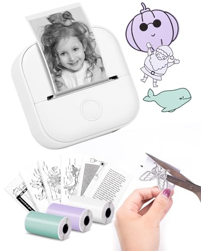 Memoking Tragbarer Mini Aufkleberdrucker – T02 Taschendrucker mit 3 Rollen Papier, Bluetooth-Fotodrucker für Kindergeburtstag, Kompatibel mit Telefon und Tablet, Weiß von Memoking