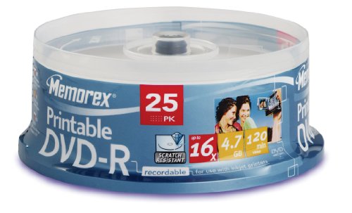 Memorex M00587 Bedruckbarer DVD-R Rohling in Cakebox (25 Stück) 16x Speed INKJET PRINTABLE von Memorex