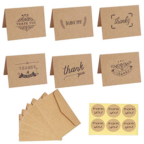 Dankeskarten 6 Designs Braune Kraftpapier Danke Grußkarten mit 36 Umschläge und 36 Danke Aufkleber für Hochzeit, Schulabschluss, Baby-Dusche, Jahrestag, Geschäft 36 Stück von MengH-SHOP