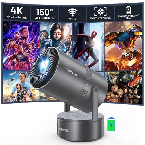 [Eingebauter Akku] Mentech X3 Mini Beamer 4K Heimkino, Mini Projektor, Beamer WiFi6 und BT5.2 mit Android OS, Auto Trapezkorrektur, 180-Grad-Winkel, 150-Zoll-Display für Phone/PC/Xbox, HDMI von Mentech