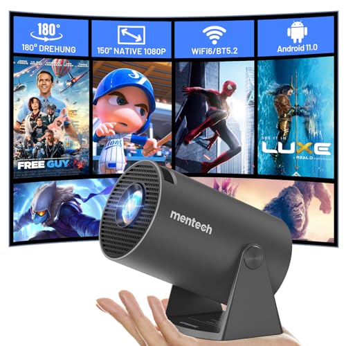 mentech Mini Beamer, 180° Drehbarer Mini Projektor mit WiFi und Bluetooth, 150" Smart-Projektor mit Android TV 11.0, 1080P, 2.4G/5G WiFi 6, Automatische Trapezkorrektur für Heimkino, Eisengrau von Mentech