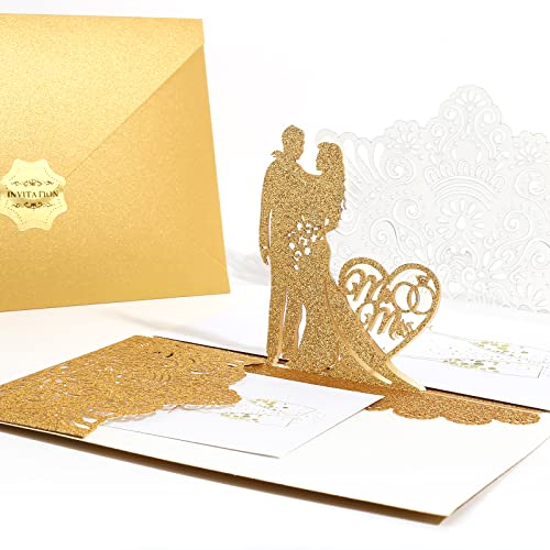 3D Pop Up Hochzeitskarte, Valentinstag Karte für hochzeitstag, Hochzeitskarten Brautpaar, Einladungskarte für Hochzeit, Jahrestag, Wedding Card, Anniversary (Goldpulver) von Menwings