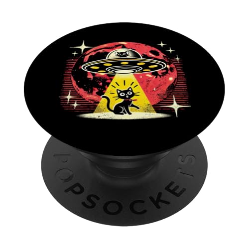 Alien Beam UFO-Katzenentführung im Retro-Stil, kosmische Weltraumkatze, Mama und Papa PopSockets Klebender PopGrip von Meow Mode Apparel.USA