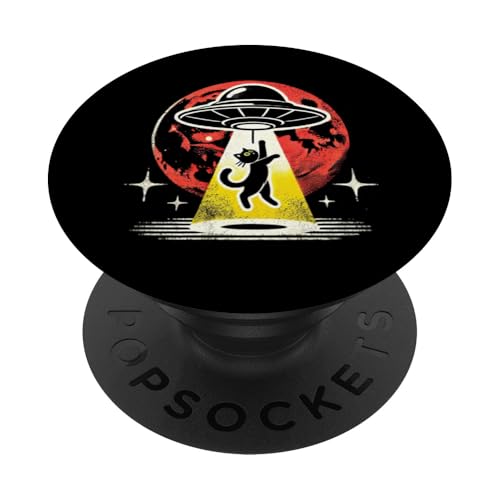 UFO-Weltraumkatze im Retro-Look „Cosmic Beam“, Entführung von Alien-Katzen, Mama Papa PopSockets Klebender PopGrip von Meow Mode Apparel.USA