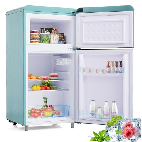 Merax Retro Kühlschrank, Doppeltür, 72L Gesamtvolumen, 21L Gefrierfach, Energieklasse E, 120 kWh/Jahr, LED-Beleuchtung, 3 verstellbare Einlegeböden Cyan Merax Retro Kühlschrank, Doppeltür, 72L Gesamtvolumen, 21L Gefrierfach, Energieklasse E, 120 kWh/Jahr, LED-Beleuchtung, 3 verstellbare Einlegeböden Cyan von Merax