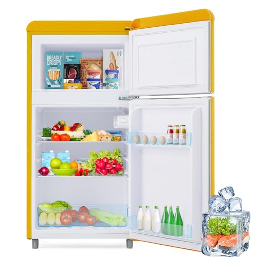Merax Retro Kühlschrank, Doppeltür, 72L Gesamtvolumen, 21L Gefrierfach, Energieklasse E, 120 kWh/Jahr, LED-Beleuchtung, 3 verstellbare Einlegeböden Gelb Merax Retro Kühlschrank, Doppeltür, 72L Gesamtvolumen, 21L Gefrierfach, Energieklasse E, 120 kWh/Jahr, LED-Beleuchtung, 3 verstellbare Einlegeböden Gelb von Merax
