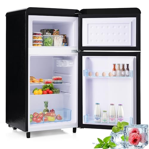 Merax Retro Kühlschrank, Doppeltür, 72L Gesamtvolumen, 21L Gefrierfach, Energieklasse E, 120 kWh/Jahr, LED-Beleuchtung, 3 verstellbare Einlegeböden Schwarz Merax Retro Kühlschrank, Doppeltür, 72L Gesamtvolumen, 21L Gefrierfach, Energieklasse E, 120 kWh/Jahr, LED-Beleuchtung, 3 verstellbare Einlegeböden Schwarz von Merax