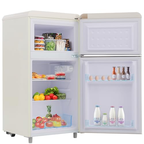 Merax Retro Kühlschrank, Doppeltür, 72L Gesamtvolumen, 21L Gefrierfach, Energieklasse E, 120 kWh/Jahr, LED-Beleuchtung, 3 verstellbare Einlegeböden Weiß Merax Retro Kühlschrank, Doppeltür, 72L Gesamtvolumen, 21L Gefrierfach, Energieklasse E, 120 kWh/Jahr, LED-Beleuchtung, 3 verstellbare Einlegeböden Weiß von Merax