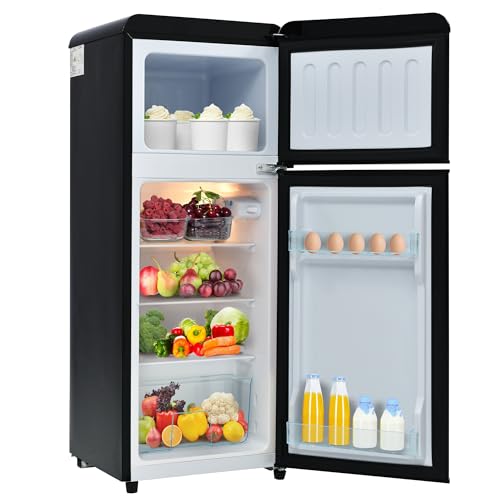 Merax Retro Kühlschrank Mini-Kühlschrank mit Gefrierfunktion, Zweitürig, 92L, 4-Sterne Gefrierfach, LED-Beleuchtung, 116 kWh/Jahr, Kompakt & Freistehend, 28L Gefriervolumen Schwarz von Merax