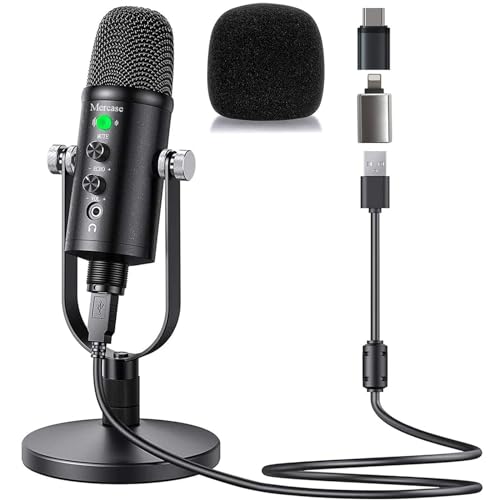 Mercase USB-Mikrofon für Mac, PC, Telefon-Mikrofon für Singen, ASMR, Podcast mit Stummschalttaste, Geräuschunterdrückung, Kopfhörerausgang und Lautstärkeregler, Mikrofon-Verstärkungsregler für Gesang, von Mercase
