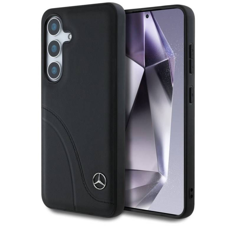 Mercedes Benz Handyhülle Galaxy S25 Echtleder schwarz Streifen Logo Stern 6,2 Zoll, Kantenschutz von Mercedes Benz
