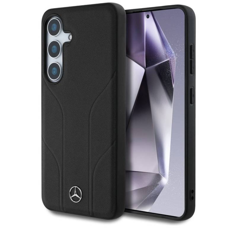 Mercedes Benz Handyhülle Galaxy S25 Plus Echtleder schwarz Streifen Magsafe Logo Stern 6,7 Zoll, Kantenschutz von Mercedes Benz