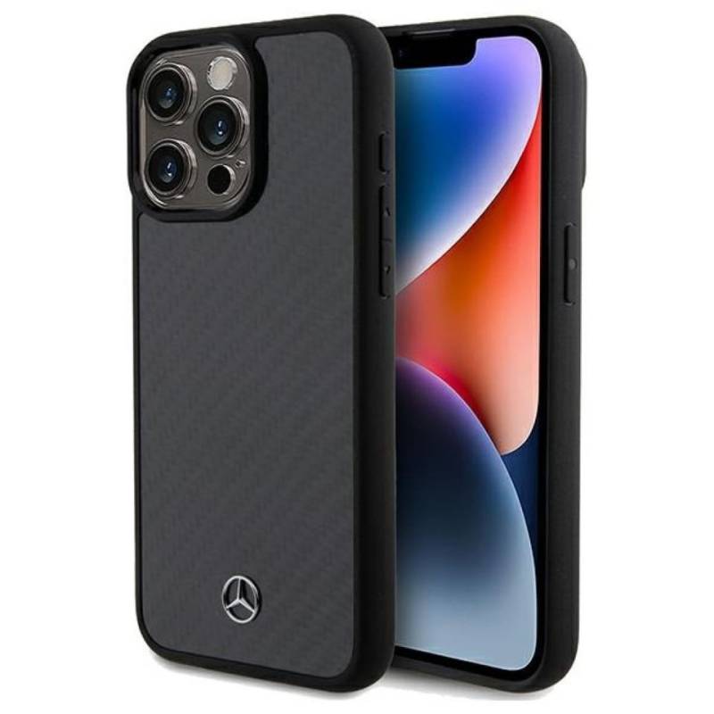 Mercedes Benz Handyhülle iPhone 15 Pro Max Carbon Optik schwarz Logo Stern silber 6,7 Zoll, Kantenschutz von Mercedes Benz