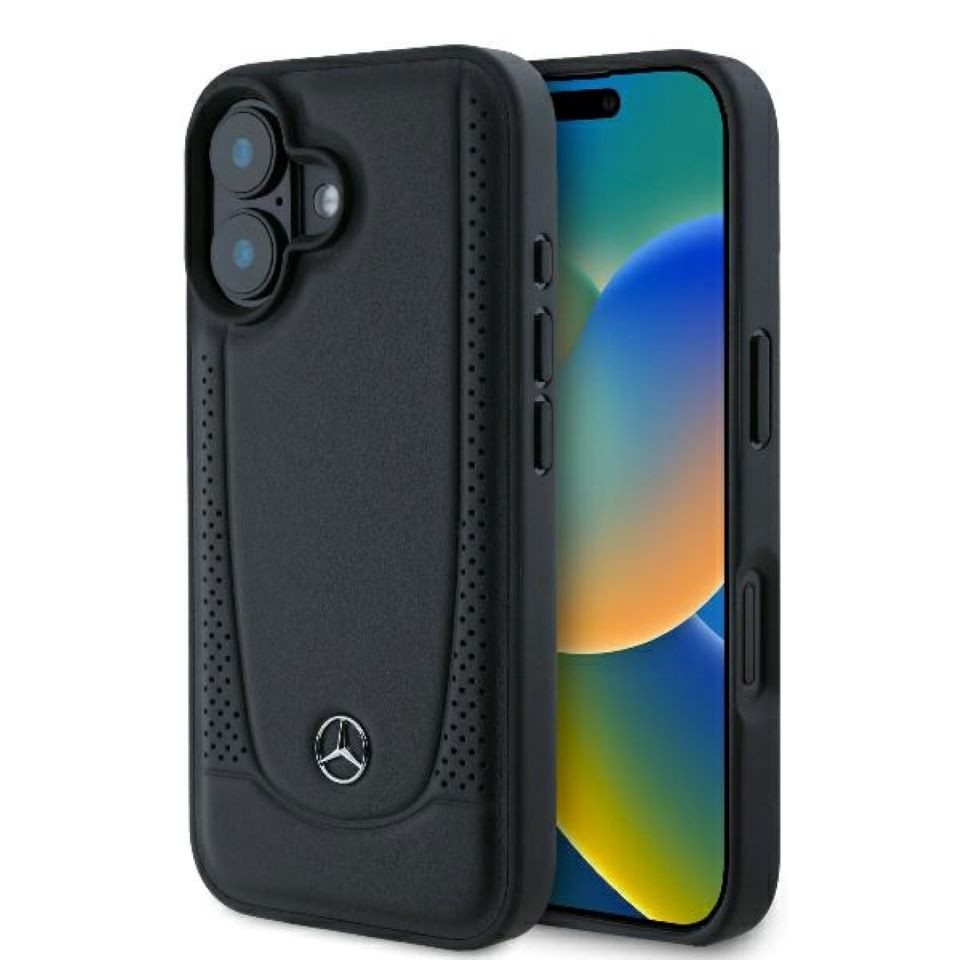 Mercedes Benz Handyhülle iPhone 16 Plus Echtleder schwarz Logo Stern 6,7 Zoll, Kantenschutz Mercedes Benz Handyhülle iPhone 16 Plus Echtleder schwarz Logo Stern 6,7 Zoll, Kantenschutz von Mercedes Benz