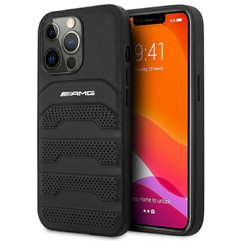 Mercedes Handyhülle Case AMG Echtleder Logo schwarz iPhone 14 Pro 6,1 Zoll, Kantenschutz von Mercedes