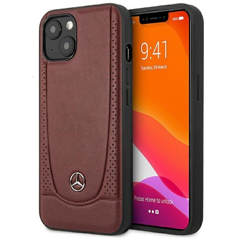 Mercedes Handyhülle Case iPhone 14 Echtleder weinrot Logo 6,1 Zoll, Kantenschutz von Mercedes