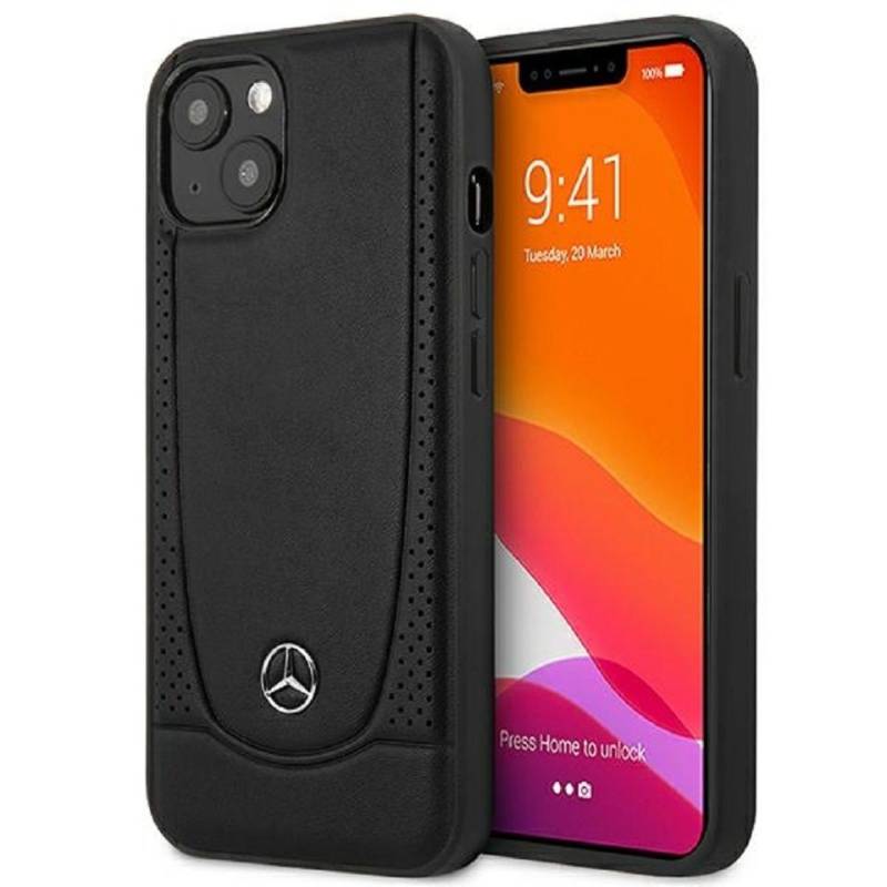 Mercedes Handyhülle Case iPhone 15 Echtleder schwarz Stern Logo 6,1 Zoll, Kantenschutz von Mercedes