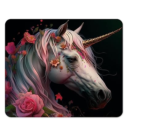 Mauspad/Mouse Pad Textil | Rückseite Kautschuk | rutschfest | 22 x 18 cm |für alle Maustypen |Büro und Gamer| Motiv: Fantasy Fabelwesen Einhorn | 01 von Merchandise for Fans