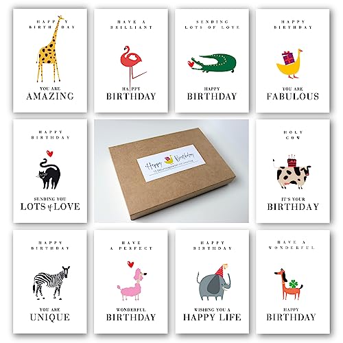 Meridian Design Geburtstagskarten Tiere, Happy Birthday Klappkarten im 10er Set mit Briefumschlag, Grusskarte zum Geburtstag, 10 Glückwunschkarten in Premium Qualität mit Tiermotiv, Geschenkkarten von Meridian Design