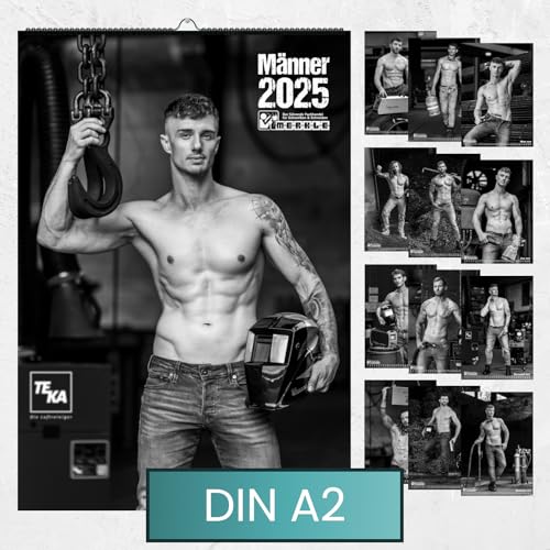 Erotik Kalender 2025 - Heiße Männer Kalender 2025 | MERKLE Kalender 2025 | Groß in DIN A2 | Spiralbindung | Männer Erotikkalender in Schwarz-Weiß, Bürotauglich, Pinup Kalender, 59 x 41 cm von Merkle