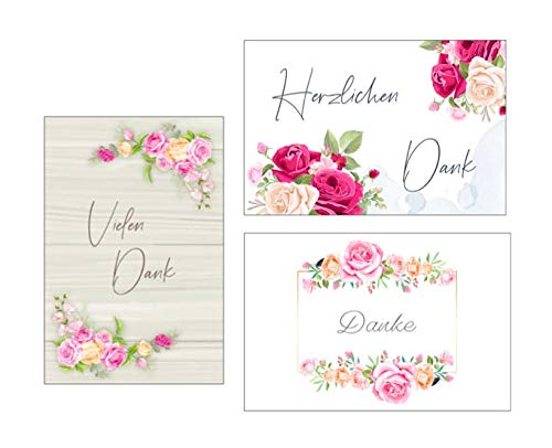 3 Premium Dankeskarten (Klappkarten) mit 3 weißen Umschlägen, Danke, Dankeschön, Karten, Dankekarten, Hochzeit, Geburt, Baby, Taufe, Abschied, 3eburtstag, Jubiläum Blumen Blumenmotiv von Merz Designkarten