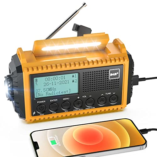 Kurbelradio DAB/UKW mit Akku 5000mAh, Tragbare Solar Radio mit LED-Taschenlampe & Leselicht, DAB+ Baustellenradio IPX4, Notfall Radio und SOS-Alarm Geeignet für Wandern, Camping, Outdoor (Gelb DAB) von Mesqool