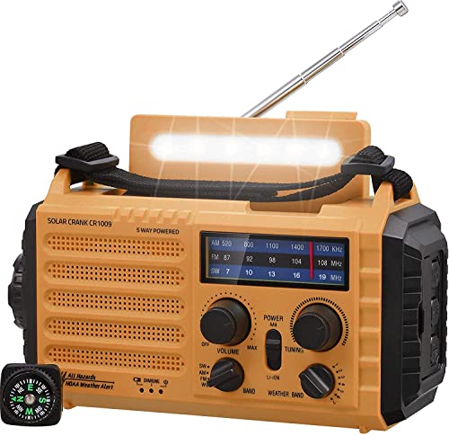 Tragbare Solar, Notfall Radio mit Kurbel, Dynamo Wetter AM/FM/SW Radio,4000mAh Wiederaufladbare Powerbank,USB-Handy-Lader,LED Taschenlampe & Leseleuchte,SOS Alarm,Kompass für Camping Ourdoor von Mesqool