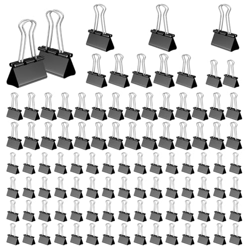 Mesybveo 100 Stück Foldback Klammern, 15 mm/ 19mm/ 25mm/ 32mm Papierklammern, Binder Clips aus metall, Büroklammern Vielzweckklammern für Bürobedarf, Briefpapier Papier(Schwarz) von Mesybveo