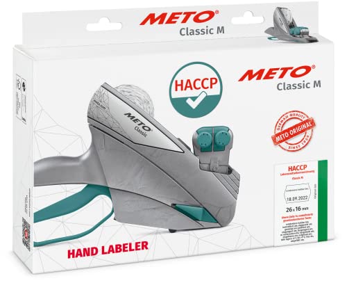 Meto HACCP Handauszeichner (für 26x16mm Etiketten, 14 vordefinierte Texte, 2 zeilig, 20-stellig, Meto Classic M Preisauszeichner, silber-teal) von Meto