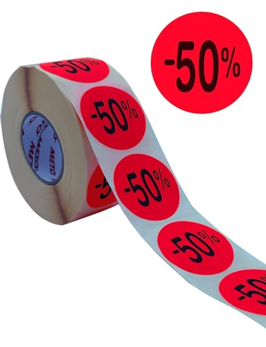 Original Meto Rabatt-Etiketten - -50% - (40 mm, rund, fluor rot, permanent, 1000 Etiketten auf Rolle, Haftetiketten 30004925) von Meto