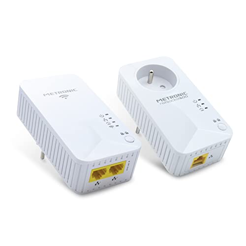 Metronic, Powerline Duo WLAN-Buchse 600 MB/s mit 2 Ports Fast Ethernet 100 MB/s (CPL WLAN) und 1 Fast Ethernet 100 MB/s (CPL) und Ausziehbuchse - 495469 von Metronic