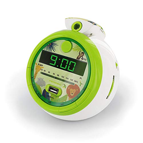 Metronic 477030 Radiowecker für Kinder, Dschungel, FM, USB, Projektion, Dual-Alarm und Sleep/Snooze-Funktionen, Batterien, Dschungel-/Grün von Metronic