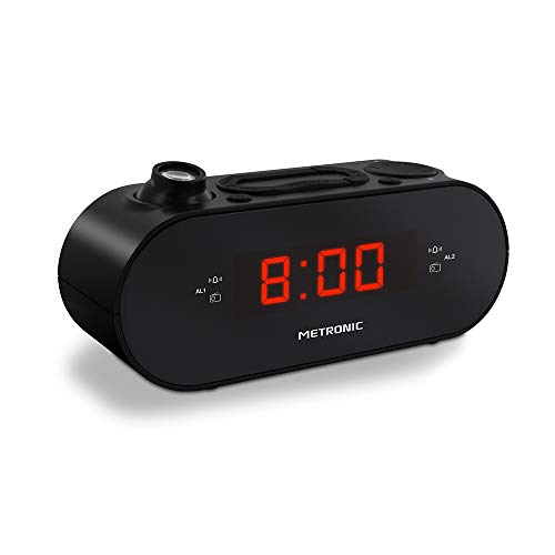Metronic 477039 FM-Radiowecker mit Projektion, Dual-Alarm, mit Sleep/Snooze-Funktion, Helligkeit einstellbar und Batterien, Zeitsicherung, Schwarz von Metronic