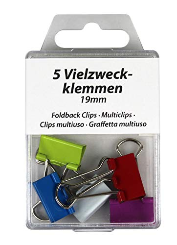 5 Vielzweckklemmen 19mm, farbig sortiert, in wiederverschließbarer Kunststoffdose von Metzger + Mendle