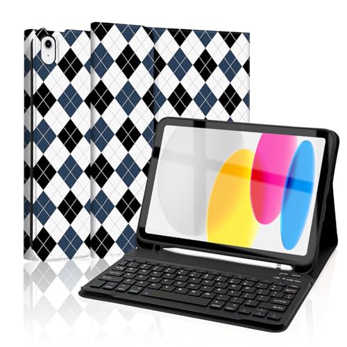 Mewealth Tastaturhülle für iPad 11. 10. Generation mit Stifthalter, kabellose Tastaturabdeckung für 11. A16 27,9 cm (11 Zoll) 2025, 10. Generation 10,9 Zoll 2022, Diamant kariert, schwarz-blau-weiß von Mewealth